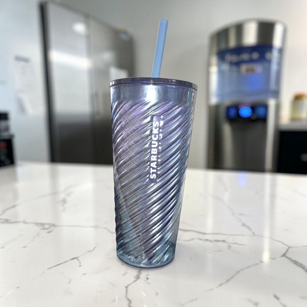 Starbucks Diagonal Swirl Cold Tumbler Geometric Blue Purply Luster Finish 18oz